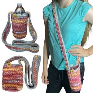 Handmade Multicolor Crochet Water Bottle Holder Bag Wheat Stitch Boho Crossbody